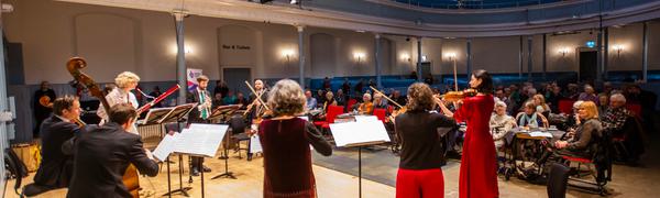a group of string players stand on stage with their backs facing the camera