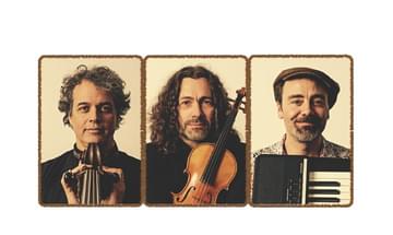 Three portraits of three men on a white background. Each man is smiling and holding an instrument.