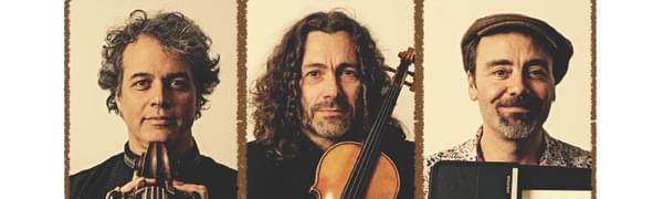Three portraits of three men on a white background. Each man is smiling and holding an instrument.