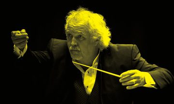 A black and yellow image of Donald Runnicles leaning forwards with his conductor's baton in his hand