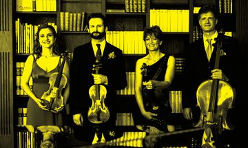 A black and yellow image of the Gringolts Quartet standing in a row and holding their instruments