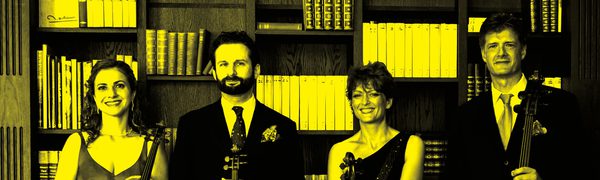A black and yellow image of the Gringolts Quartet standing in a row and holding their instruments