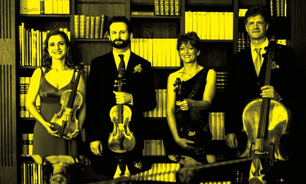 A black and yellow image of the Gringolts Quartet standing in a row and holding their instruments
