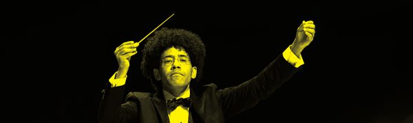 A black and yellow image of Rafael Payare conducting an orchestra