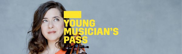 A yellow Young Musician's Pass logo in front of a woman wearing an orange dress resting her hands on a cello