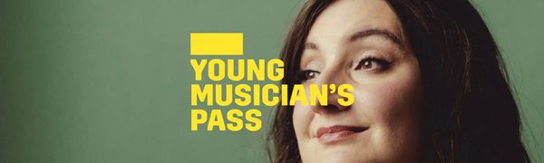 A yellow Young Musician's Pass logo in front of a woman wearing an off white dress smiling into the distance