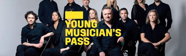 A yellow Young Musician's Pass logo in front of a group of musicians dressed in black