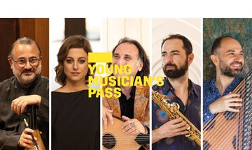 A yellow Young Musician's Pass logo in front of a collage of photos of five musicians