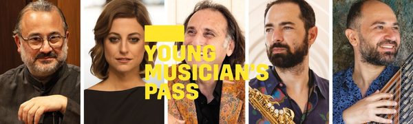 A yellow Young Musician's Pass logo in front of a collage of photos of five musicians