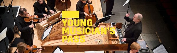 A yellow Young Musician's Pass logo in front of an image of an ensemble playing instruments from above