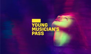 A yellow Young Musician's Pass logo in front of a colourful image of a woman's face