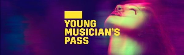 A yellow Young Musician's Pass logo in front of a colourful image of a woman's face