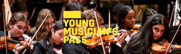 A yellow Young Musician's Pass logo in front of an ensemble of strings players from National Youth Orchestra of the United States of America