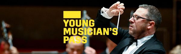 A yellow Young Musician's Pass logo in front of a conductor standing in front of an orchestra, conducting their performance