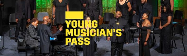 A yellow Young Musician's Pass logo in front of a group of people singing on stage holding microphones