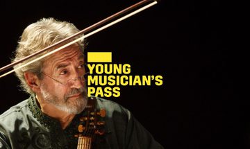 A yellow Young Musician's Pass logo in front of a man playing a viol, looking off to the right with his bow in the air