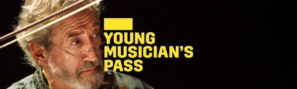 A yellow Young Musician's Pass logo in front of a man playing a viol, looking off to the right with his bow in the air