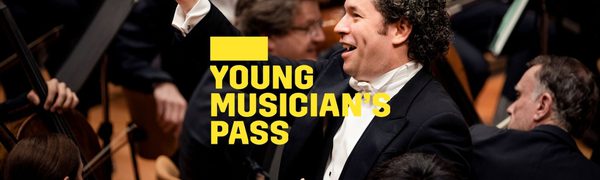 A yellow Young Musician's Pass logo in front of a conductor standing with one arm raised and a smile surrounded by orchestra members