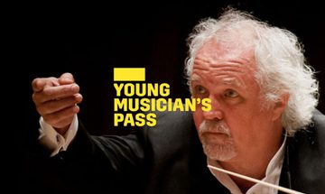 A yellow Young Musician's Pass logo in front of a conductor with white hair