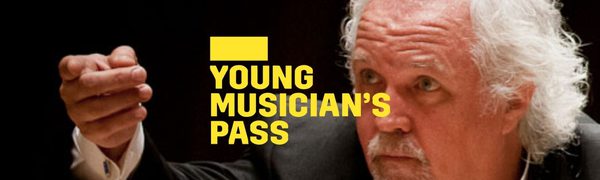 A yellow Young Musician's Pass logo in front of a conductor with white hair