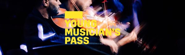 A yellow Young Musician's Pass logo in front of a man playing the viola d’amore in a dark room