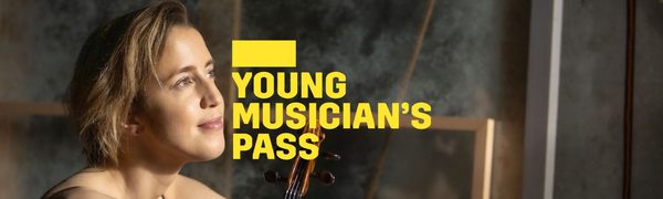 A yellow Young Musician's Pass logo in front of a women sitting holding a violin and looking away from the camera