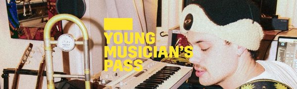 A yellow Young Musician's Pass logo in front of a person playing a guitar