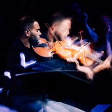 a man plays the viola d’amore in a dark room