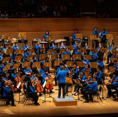 A zoomed out view of YOLA performing on stage