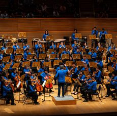 A zoomed out view of YOLA performing on stage