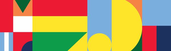A colourful graphic in which the number 75 can be seen in yellow against a collage of flag-like images