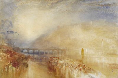 t: a watercoA watercolour painting of a bridge in the distance. The colours are soft and muted