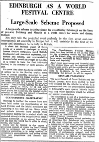 A clipping of a 1945 Scotman newspaper with the article 'Edinburgh as a World Festival Centre: Large-scale Scheme Proposed'