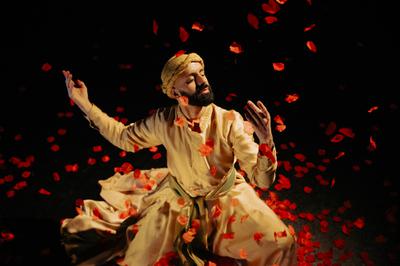 Man dancing among cascading red flower petals