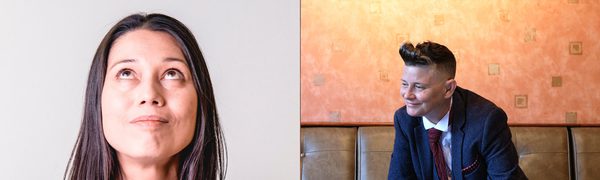 The left-hand panel of the image shows Francesca Beard in close-up, looking up at the sky, while the right-hand panel shows Joelle Taylor dressed in suit, sitting leaning forwards and smiling.