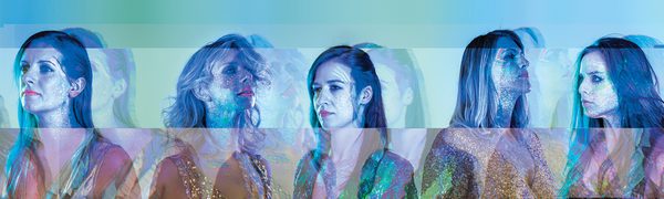 The five female members of Kinnaris Quintet, with abstract blue graphic design