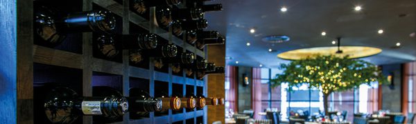 An empty restaurant is shown, with a full wine rack in the foreground and a chandelier of lights and greenery in the background.