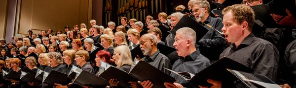 Members of the Edinburgh Festival Chorus dressed in all black holding folders with sheet music in front of them whilst they sing.