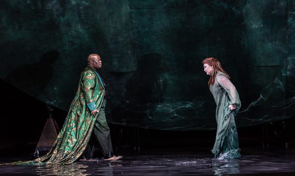 A man in a full-length jacquard coat stands opposite a woman in a sheer, sparkly, flowy dress in a pool of water.
