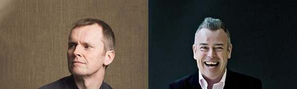 The left-hand side of the image shows Stephen Osborne in a grey shirt, gazing to the side, while the right-hand side shows Malcolm Martineau wearing a white shirt and black jacket, smiling at the camera.