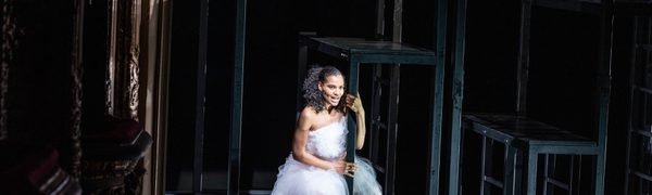 A woman in a fluffy white dress sits on a structure built from metal bars