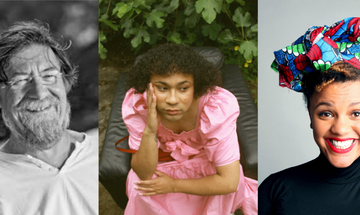 On the left, a man laughs at the camera, he wears a white t-shirt, and has windswept hair and a short beard. In the centre, a person sits with their hand resting on their face. They wear a pink dress with puffy sleeves. On the right, a woman smiles excitedly at the camera. She wears a black turtleneck, a bright headscarf and bright red lipstick.
