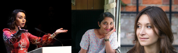 One the left, a woman in a red dress stands a podium her arms raised towards the audience. In the centre, a woman sits a window seat, looking at the camera. On the right a woman sits in front of a brick wall.