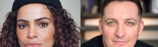 On the left, Nat McCleary with brown curly hair, a small black beanie, and a black t-shirt. On the right, Johnny McKnight with short black hair and a black t-shirt. Both are looking directly at the camera with small smiles.