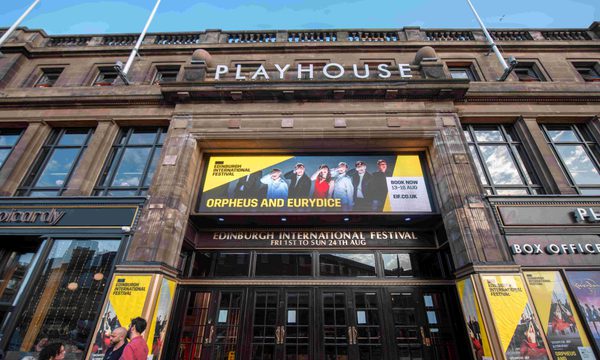 The Edinburgh Playhouse with advertisements for 'Orpheus and Eurydice' at the Edinburgh International Festival