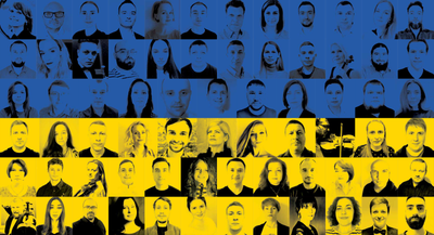 The blue and yellow Ukrainian flag, with square black-and-white photographs of the musicians' faces superimposed in rows across it.