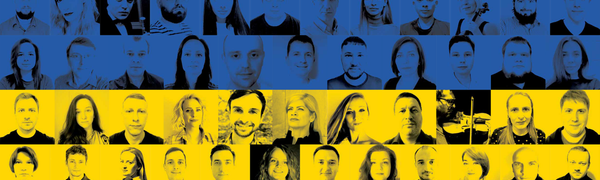 The blue and yellow Ukrainian flag, with square black-and-white photographs of the musicians' faces superimposed in rows across it.