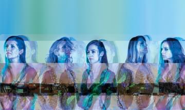 The five female members of Kinnaris Quintet, with abstract blue graphic design