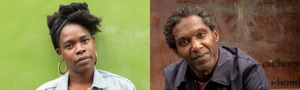 Vanessa Kisuule is pictured on the left-hand side of the image, standing against a green backdrop, with Lemn Sissay shown on the left-hand side, seated and leaning towards the camera.