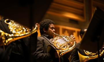 A photo of three french horn players with focus on the central one, golden in the light. The musician looks ahead while getting ready to play.